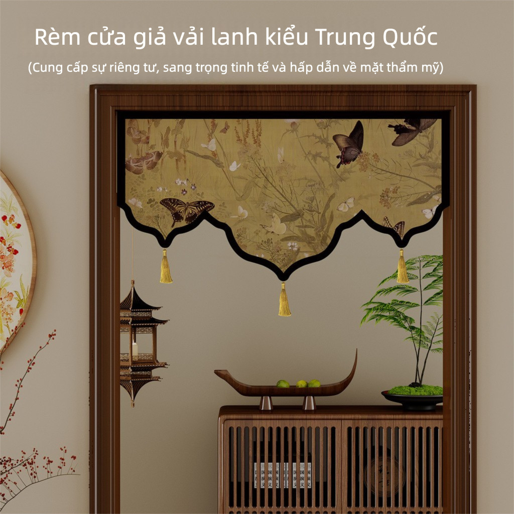 Rèm cửa phong cách Trung Hoa | Vải giả lanh hoa văn cổ điển, có tua rua, trang trí cửa ra vào, phòng ngủ, nhà bếp, che chắn riêng tư