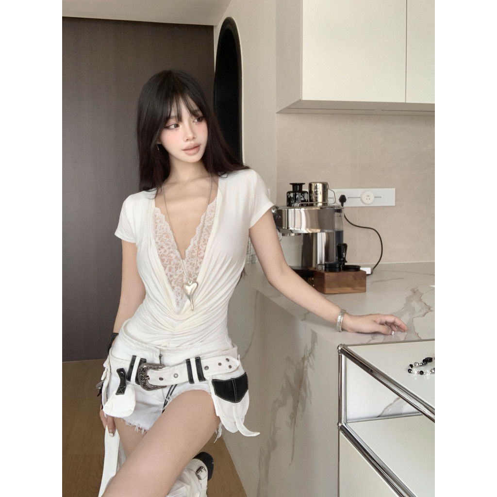 Milyfashion Sâu Cổ Chữ V Ren Khâu Tay Ngắn Áo Liền Quần Mùa Hè Phong Cách Mới Mặc Bên Ngoài Slim fit Ôm Hơn Nhìn Niche Y