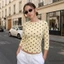 MAPLEPOET-Áo crop top 3 / 4 tay cổ tròn in họa tiết chấm cổ điển Áo thun mỏng vừa vặn