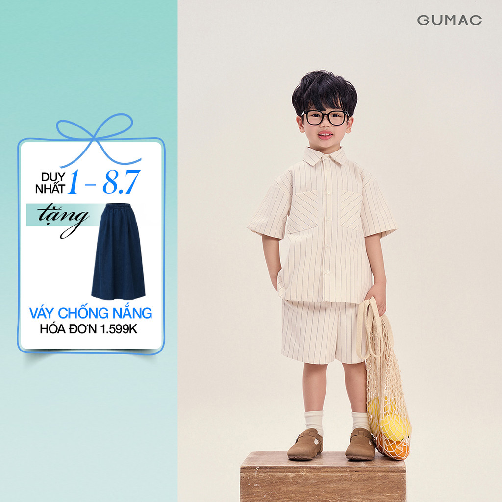 Set Bé Trai GUMAC - Áo Sơ Mi Linen Sọc AKG04052 Quần Short Thoáng Mát SHKG04051