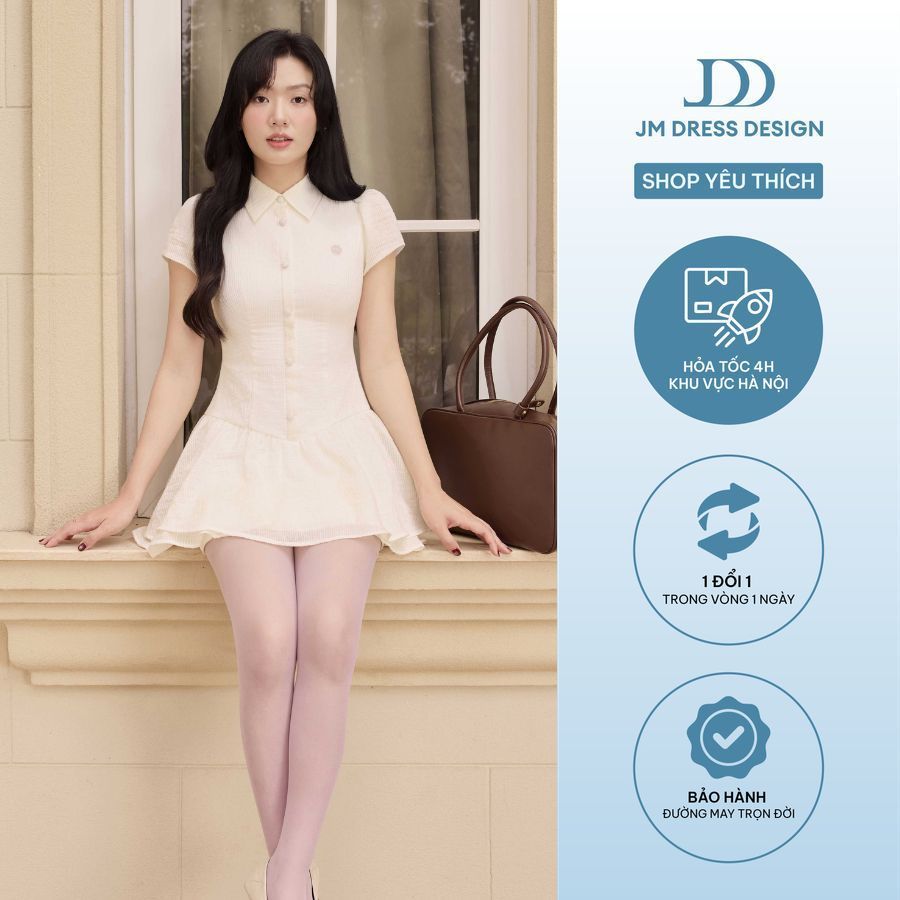 Đầm Xuân Hè Cổ Đức, Nhún Chân 2 Tầng 1S17.2602, Đầm Mini Dáng Ôm Nhẹ Phối Cổ Sơ Mi Chân Váy Xếp Tầng Bồng Nhẹ By JM