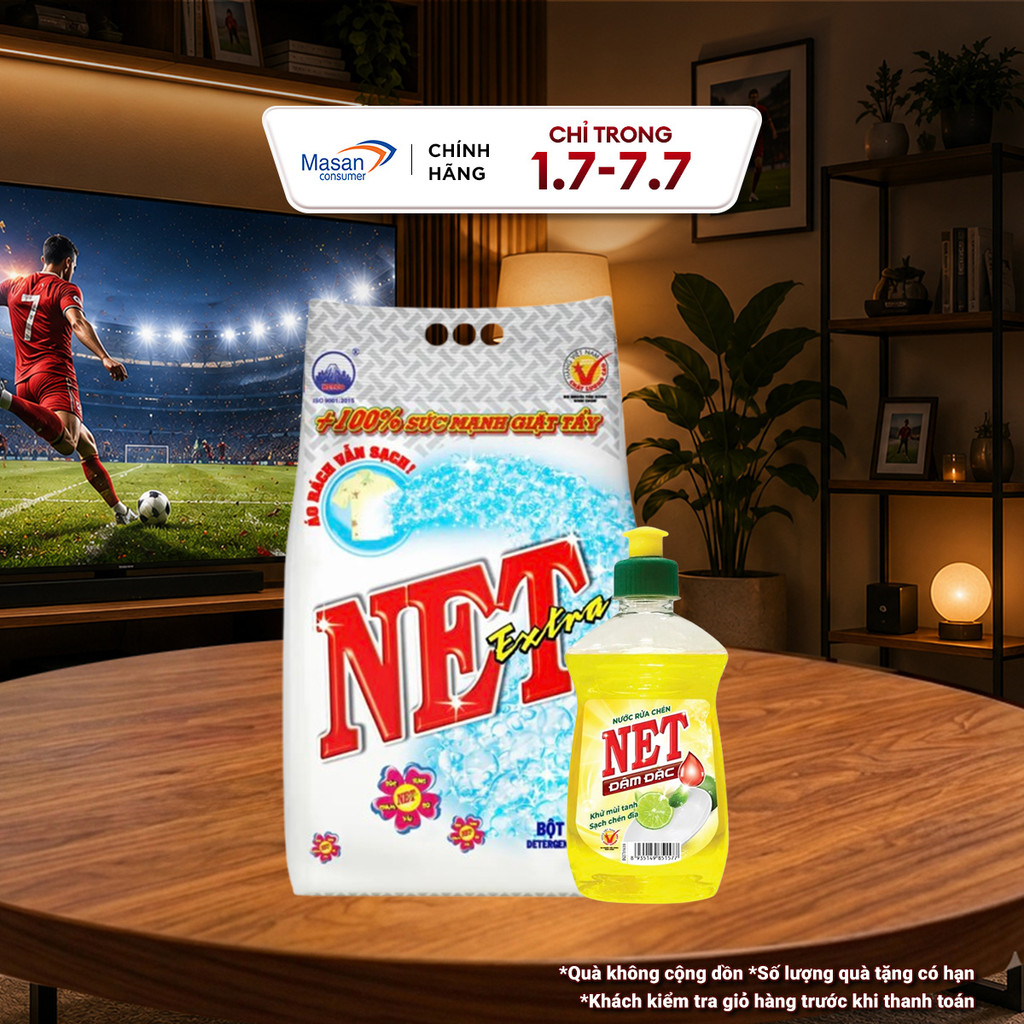 Combo bột giặt NET Extra bịch x 5.5kg + Nước rửa chén NET đậm đặc hương Chanh chai x 750gr