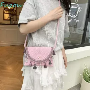 Túi cói tua rua FUJI, Túi đeo vai dệt nút từ tính bằng rơm, Phong cách Bohemian thoáng khí phong cách dân tộc phong cách phong bì Túi xách du lịch