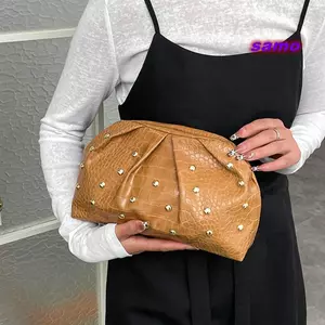 Túi xách nữ SAMO, Túi ly hợp dung tích lớn đa năng, Túi ăn tối họa tiết cá sấu có đinh tán di động dành cho nữ