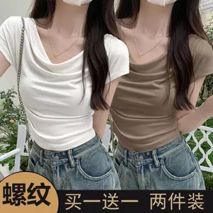 Mùa hè 2026 Cổ xoay hai mảnh Cổ chéo Áo thun ngắn tay một vai Niche Đơn giản Slim-Fit Slimer Look