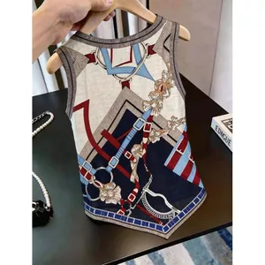 Áo vest không tay in họa tiết cổ điển dành cho nữ, phong cách mới mùa hè, cổ tròn dáng rộng, dài vừa phải, áo thời trang dành cho nữ