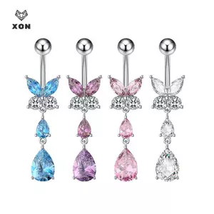 Nhẫn xỏ lỗ rốn bằng thép không gỉ thời trang hình bướm Zircon dành cho nữ Trang sức cơ thể [Mina]