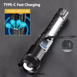 Đèn pin LED siêu sáng DONOVANQQ, chiếu xa zoom laser, sạc lại, bền bỉ, dùng khẩn cấp ngoài trời