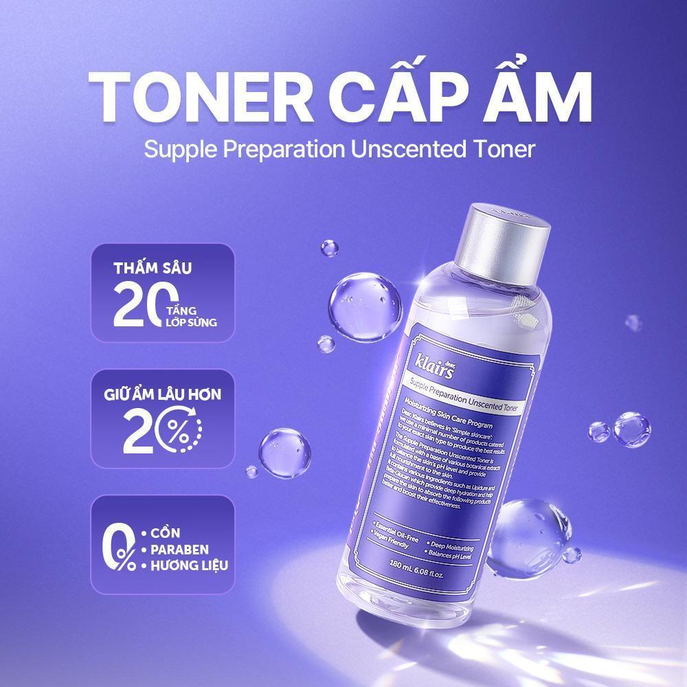 Combo Nước hoa hồng Dear, Klairs Supple Preparation Unscented Toner 180ml + Kem dưỡng Midnight Blue Calming 60g [FS]