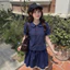 Áo babydoll khuy đỏ cổ bèo sen tay phồng xanh Navy cực đẹp SBD92 - Alisa 95 - Hieuvy Botique