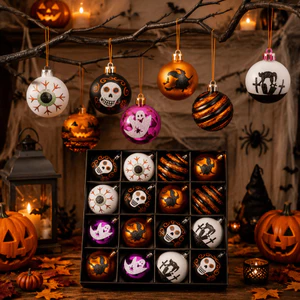 DONOVANQQ 16 Cái / bộ Mặt dây chuyền trang trí Halloween, Mặt dây chuyền bóng treo Halloween vẽ tròn, Nhựa quyến rũ Halloween 6cm Mặt dây chuyền cây trang trí Cây trang trí treo