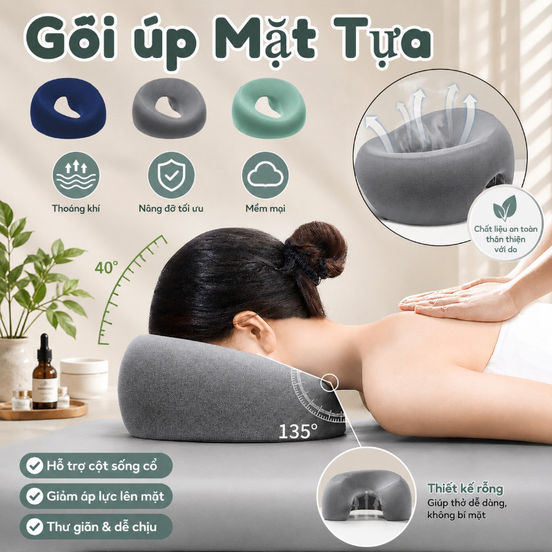Gối úp Mặt Tựa đầu Công Thái Học,nhẹ Nhàng Với Da, Mềm Mại Và Thở Tốt,hỗ Trợ Massage Mặt & Cổ Toàn Diện