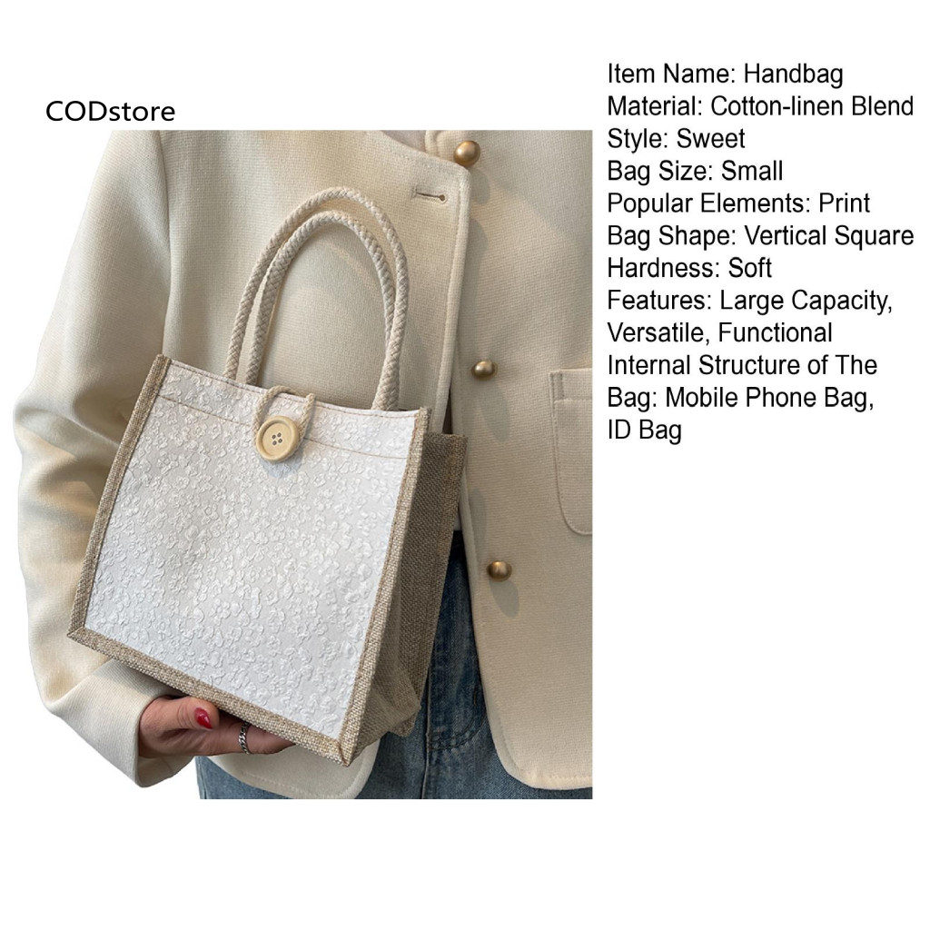 Túi xách vải lanh Cotton KDC Túi xách phong cách Boho Túi đeo vai sức chứa in hoa dành cho nữ – Túi xách tối giản đa năng hàng ngày để đi làm và mua sắm du lịch