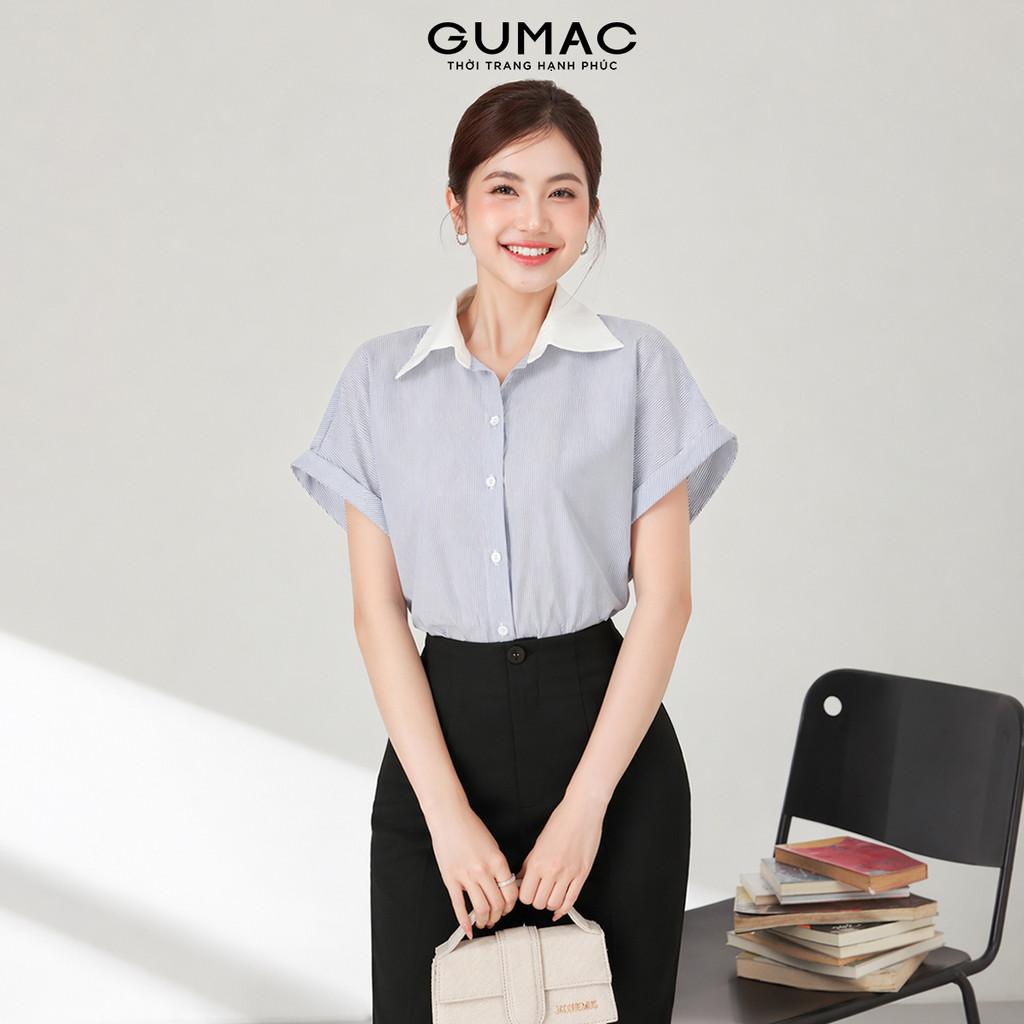 Áo Sơ Mi Nữ Tay Ngắn GUMAC Form Suông Cơ Bản Chất Cotton Sọc Mềm Mịn Thoáng Mát LAF0322