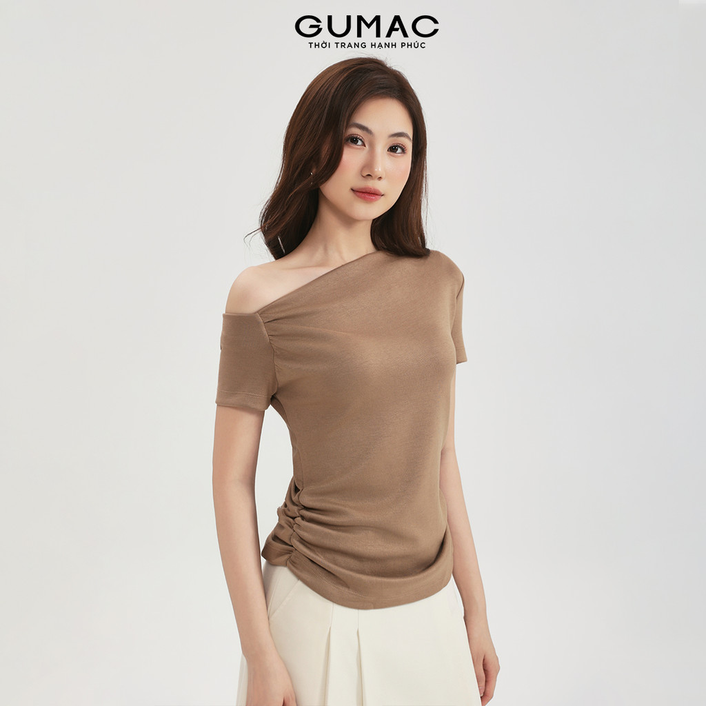 Áo Thun Nữ Kiểu Lệch Vai GUMAC Form Ôm Slimfit Nhún Nhẹ Eo Chất Thun Mịn Mềm Mát Co Giãn ATF03031