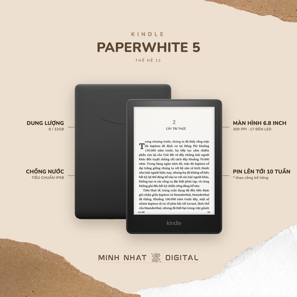 Máy đọc sách Kindle Paperwhite 5 (Tặng bao da hoặc ốp lưng) 6.8 inch chống nước đèn vàng – 11th Gen PPW5