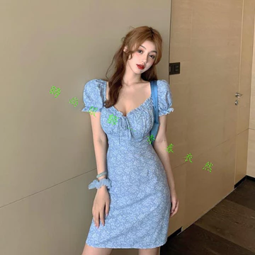 Mới Pháp Váy Nhỏ Váy Ngắn Hoa Váy Đầm Đầm Nữ Váy Mùa Hè Váy Ngắn Lộn Xương Cổ Vuông Bellflower Váy Hẹp Tay Phồng Váy Họa Tiết Hoa Gợi Cảm