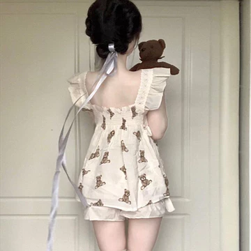 Bộ đồ ngủ gấu Sling Nữ Mùa hè Bộ đồ ngủ ngắn tay ngọt ngào Ren Đồ ngủ dễ thương Hoạt hình Phụ nữ Bộ đồ ngủ yếm in hình gấu phong cách Nhật Bản dành cho nữ, Bộ đồ ngủ ngắn tay mùa hè ngọt ngào dành cho