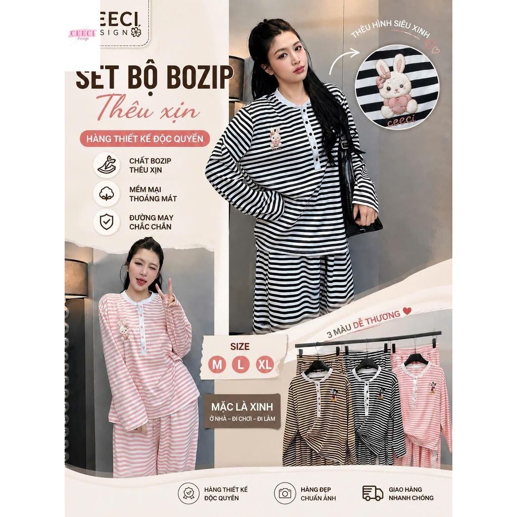 Bộ Đồ Nữ Tay Dài Quần Dài CEECI Thêu  B-117, Chất Liệu Thun Co Giãn Mềm Mịn, Phong Cách Thời Trang Hàng Ngày.