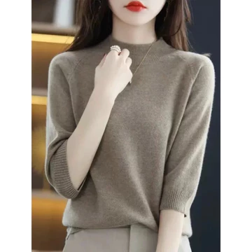 áo len nữ áo len Mùa Xuân Thu Áo Len Nữ Phong Cách Mới Nửa Cổ Rùa Phiên Bản Hàn Quốc Rời Áo Chui Đầu Ba Phần Tư Tay Áo 100 Bên Trong Dệt Kim