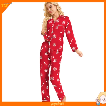 Bộ đồ ngủ Giáng sinh YOF Bộ đồ ngủ nữ Bộ đồ ngủ Giáng sinh dành cho nữ Bộ đồ ngủ in hình bông tuyết Hai mảnh Phòng chờ Đồ ngủ Nút xuống Quần dài tay ấm cúng cho gia đình