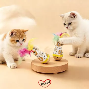 Đồ chơi mèo Tumbler ATSOD, Đồ chơi mèo tương tác bằng gỗ Wobbler, Đồ chơi mèo lông vũ chống cắn hoạt hình xoắn cho mèo để giải trí bản thân