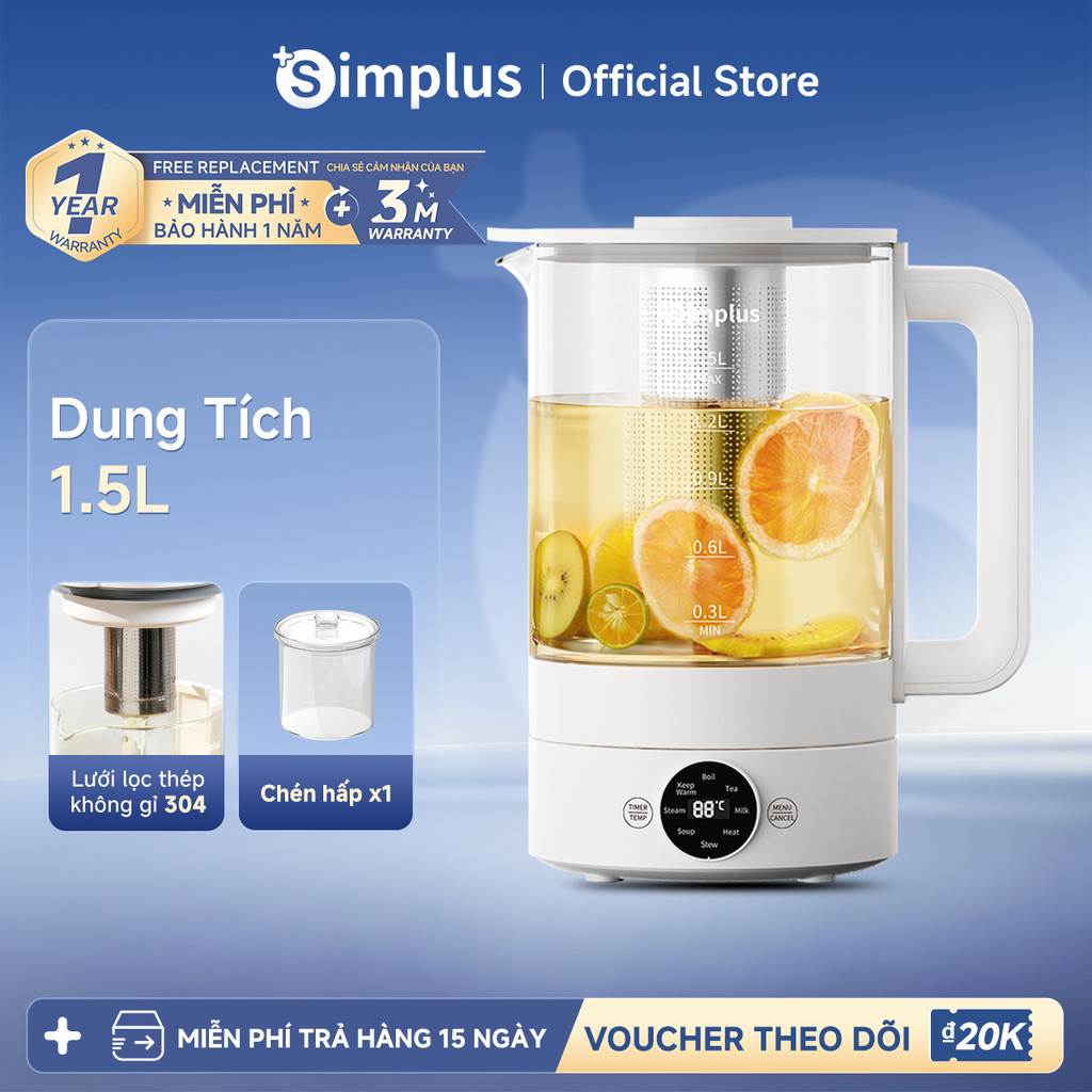 Simplus Bộ Ấm Điện Dung Tích 1.5L Màn Hình LCD 8 Chức Năng Cài Sẵn YSHU001- Bảo Hành 1 Năm 1 Đổi 1