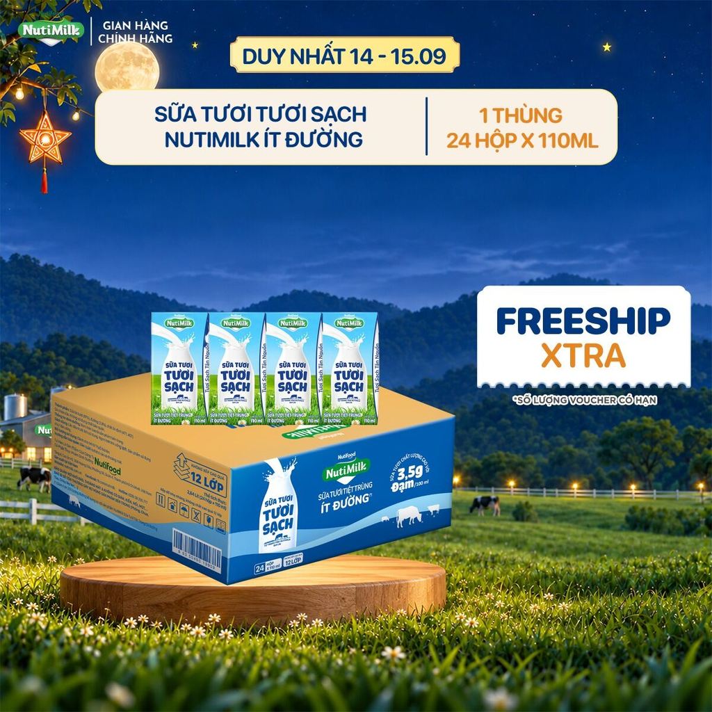 Thùng 24 Hộp Sữa Tươi Tươi Sạch NutiMilk Ít Đường Hộp 110ml