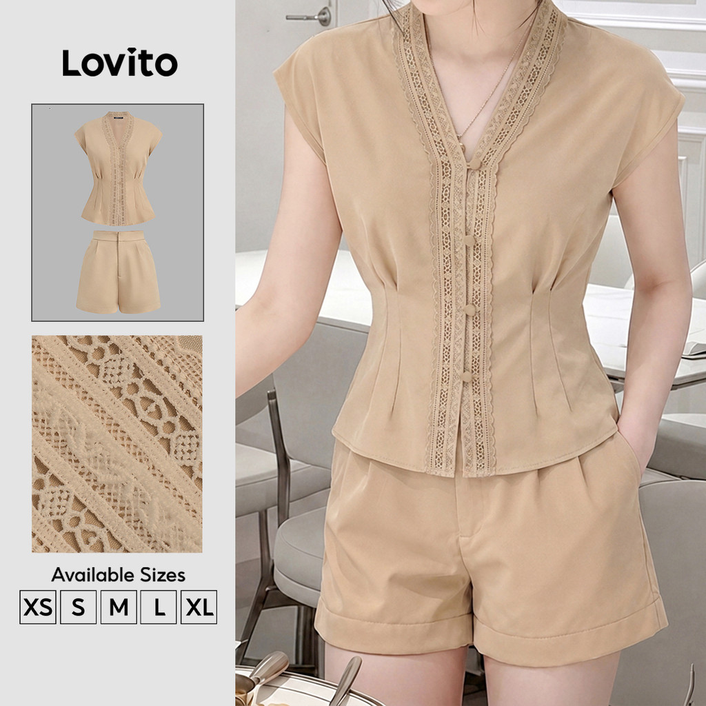 (New Arrival) Lovito Bộ đồ short thường ngày khaki có cúc mùa xuân/hè dành cho nữ SHK8P1D536