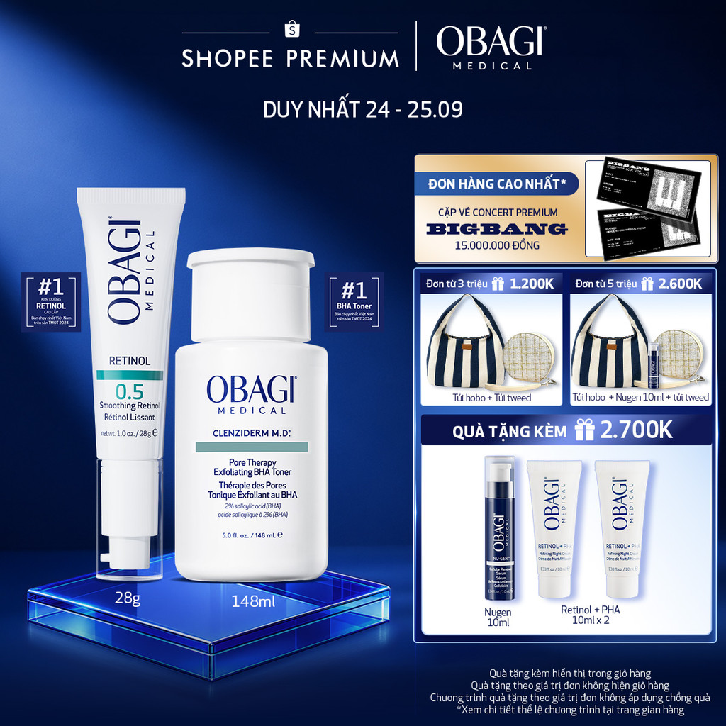 Bộ đôi dưỡng da Dung dịch Obagi Clenziderm M.D BHA Toner 148ml và Kem Dưỡng Đêm Obagi Retinol 0.5 (28g)
