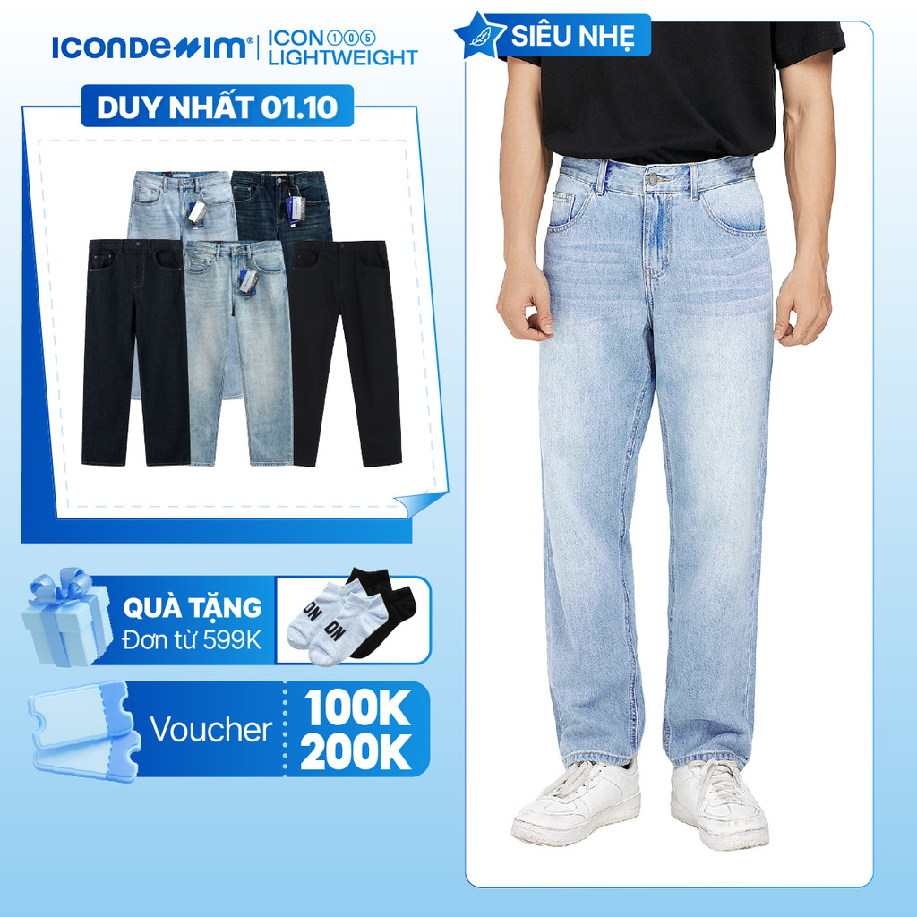 Quần jeans nam ICONDENIM, quần bò ống đứng, dáng suông, công nghệ Lightweight siêu nhẹ, chống nhăn tốt ICON105