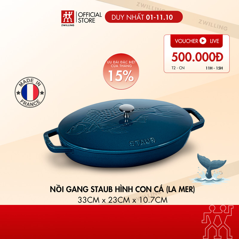 Chảo gang đúc tráng men STAUB Oven Dish Fish (Hình con cá) 33cm/2.8L, sản xuất tại Pháp, phù hợp ninh hầm