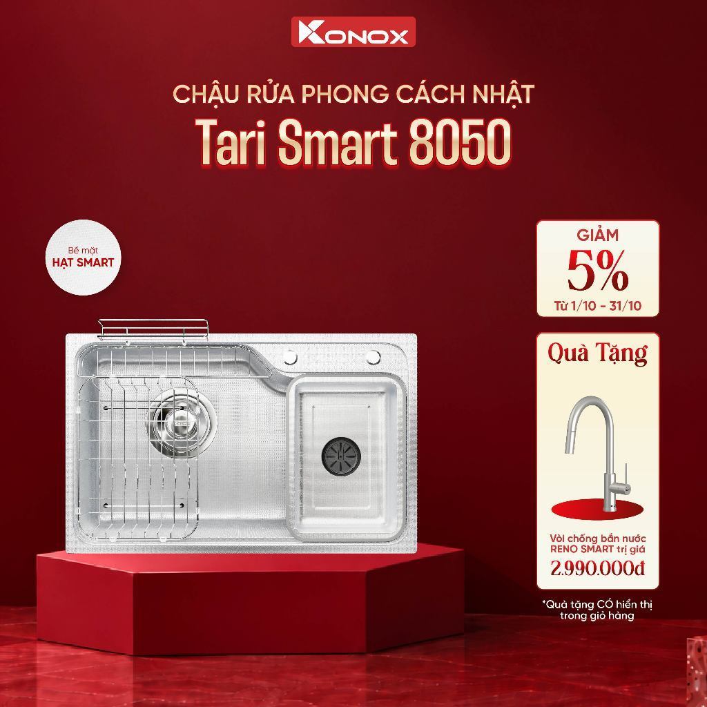 [TẶNG VÒI] Chậu rửa bát inox 1 hố chống xước Konox TARI SMART 8050 phong cách Nhật bề mặt HẠT - Bảo hành 10 năm