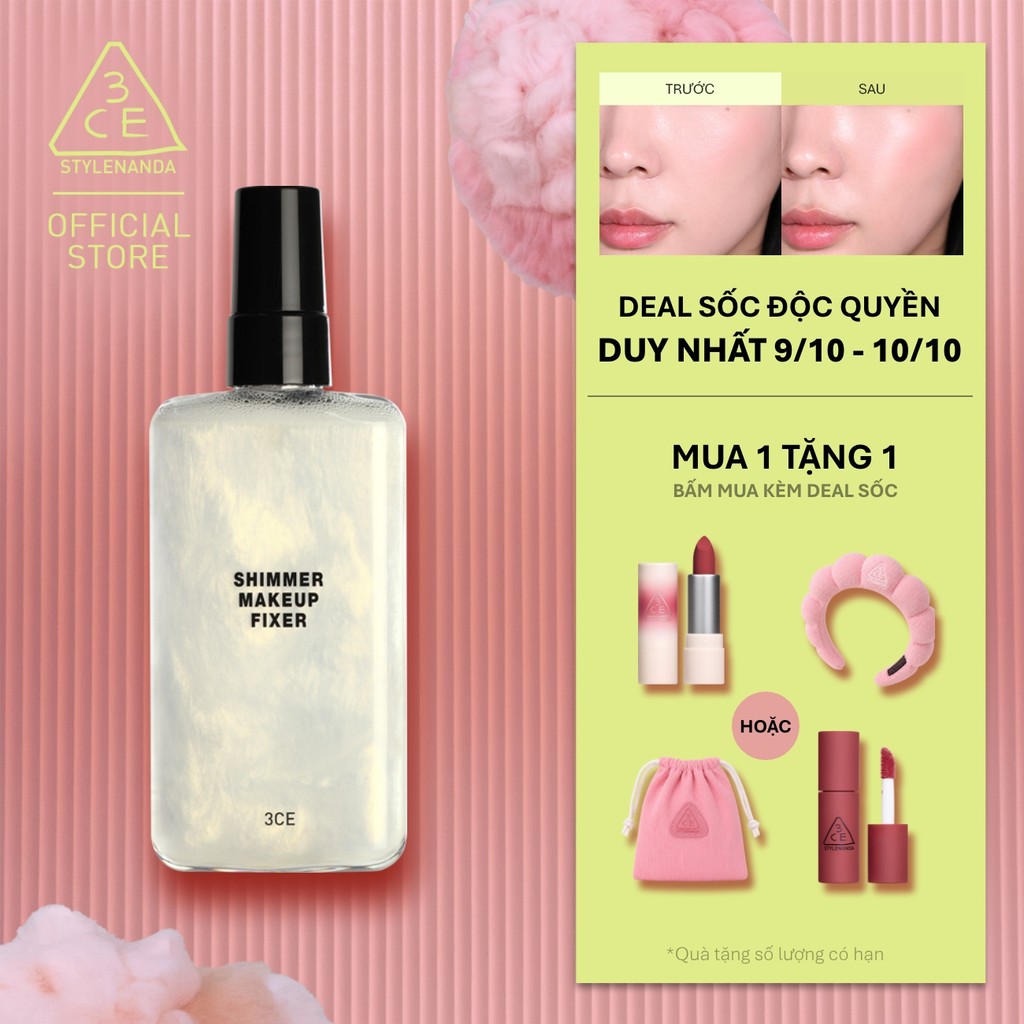 Xịt Khóa Nền 3CE Shimmer Makeup Fixer Tia Sương Mỏng Nhẹ, Bền Chắc Lâu Trôi, Hiệu Quả Giữ Ẩm Căng Bóng