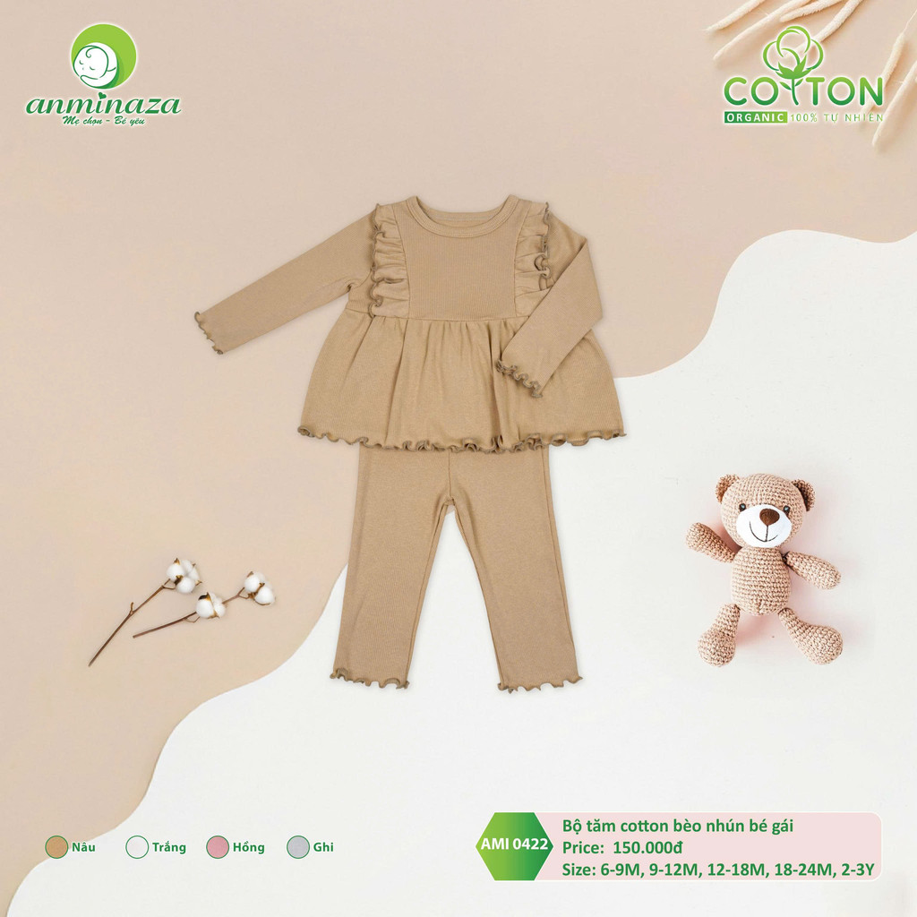 Bộ Tăm Dài Tay Bé Gái Anminaza Béo Nhún Xinh Điệu Đà Vải Co Dãn Thấm Hút - Hàng Chính Hãng AMI0422