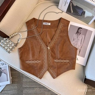 Áo gile retro không tay phong cách bohemian vintage phương Tây, da lộn thêu nặng, phù hợp thời trang hàng ngày