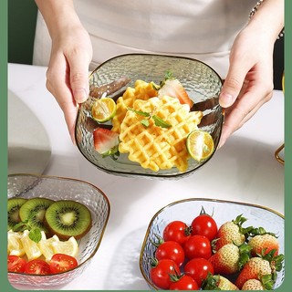 Set 4 khay đĩa nhựa viền vàng trong suốt đựng trái cây, thực phẩm đa năng, kèm giá đựng trang trí sang trọng