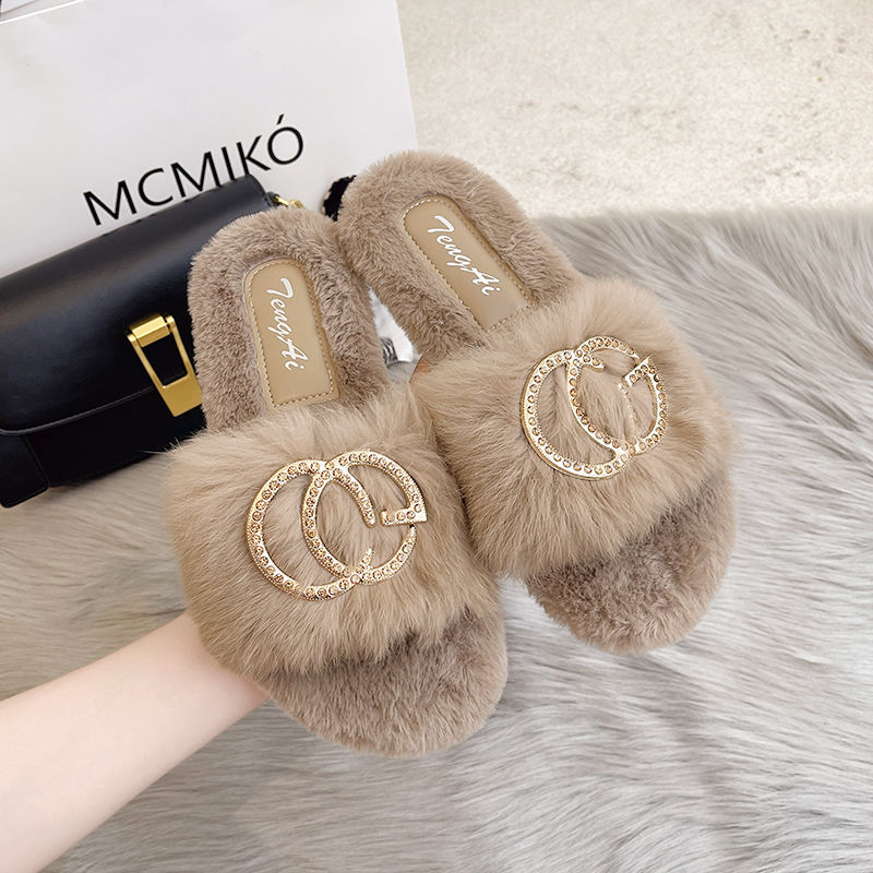 Dép Lông Thỏ Thật Nữ Mặc Ngoài Siêu Thu Đông Phù Hợp Với Giày Cotton Cổ Tích Phẳng Hợp Thời Trang.20251018