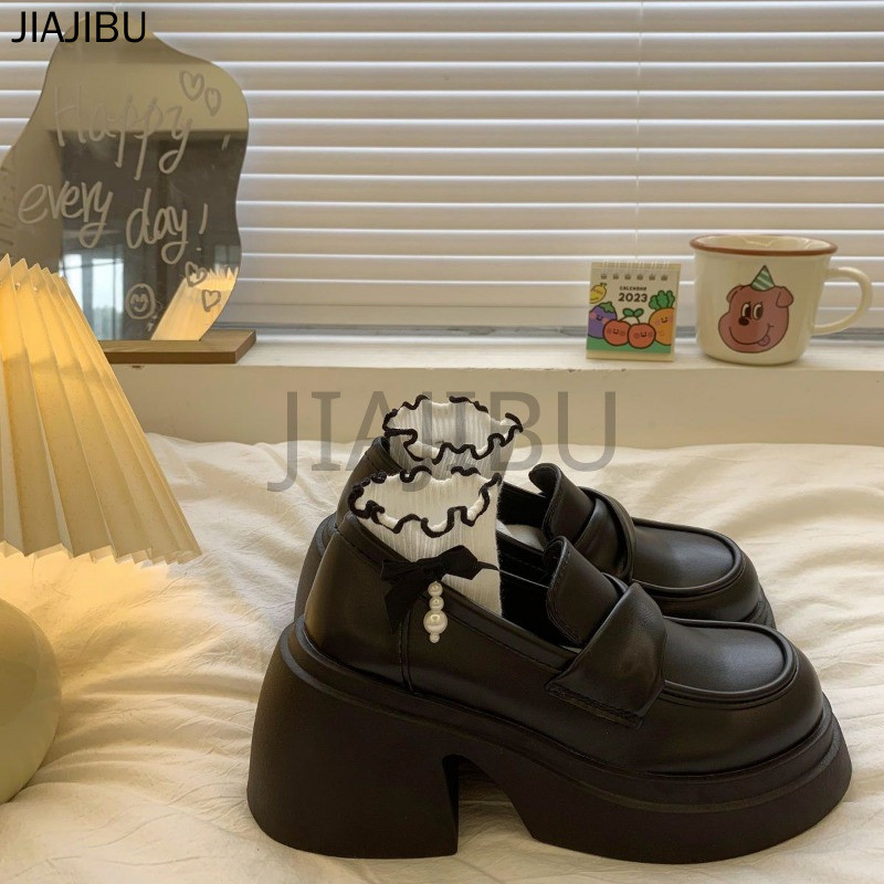 Size 35-43 Giày Lười Mũi Tròn Chống Trượt Chất Lượng Cao Cỡ Lớn Phong Cách Anh Dành Cho Nữ 42 Korean Fashion Beige / Black Platform Mary Jane Small Leather Shoes 41 Giày Cao Gót Dày JK Lolita Nhật Bản Đi Học
