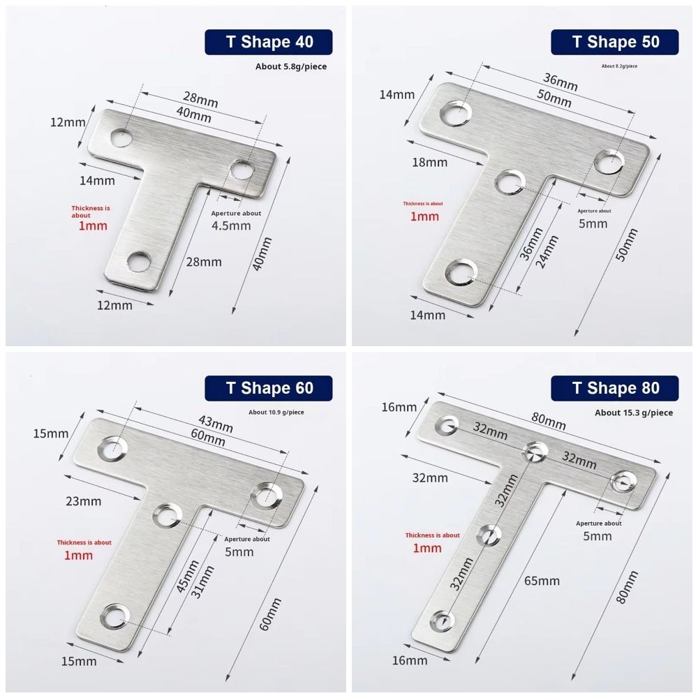 SHUPUN 10 Cái Giá Đỡ Góc, 40 / 50 / 60 / 80mm 90° Tấm kết nối góc phải, Phụ kiện phần cứng bằng thép không gỉ loại chữ L loại T