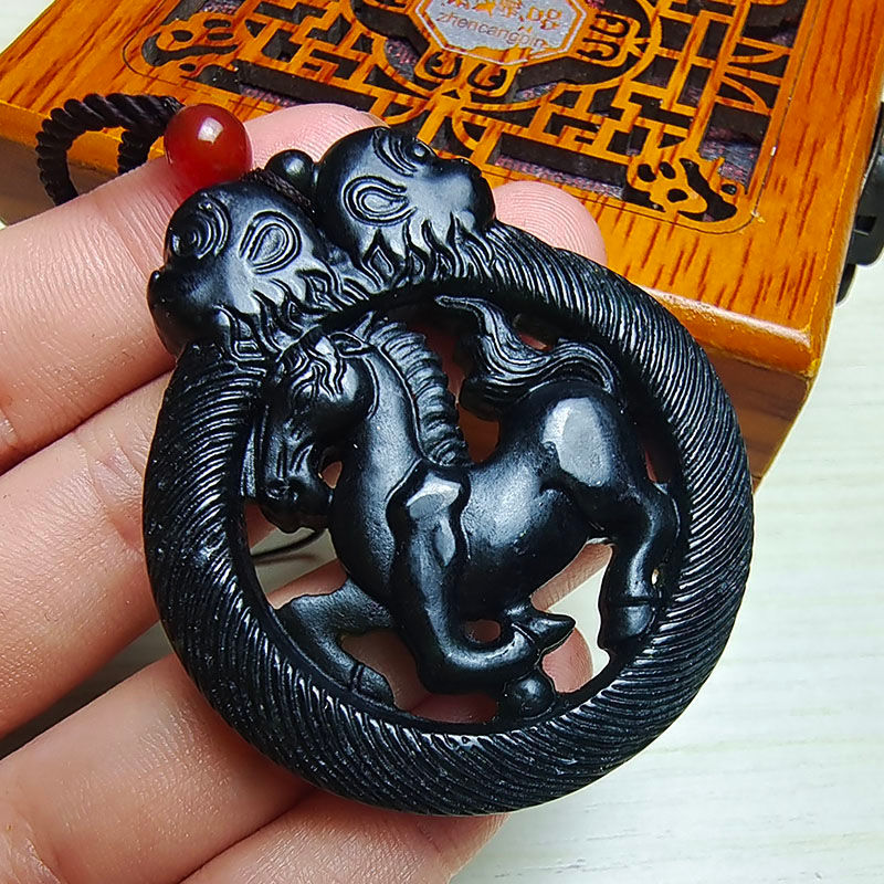 Dây chuyền hai mặt cung hoàng đạo ngựa với đá khắc y học vua kín mặt, hỗ trợ chăm sóc sức khỏe.