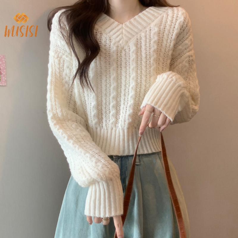 Áo len dệt kim ngắn tay cổ chữ V cổ điển, thời trang dành cho nữ