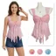 FEDAOG Halter Cami Top, Áo lưới Sheer Overlay in hình, viền bất đối xứng cổ chữ V ngọt ngào Bodycon Fit đeo vai thường ngày