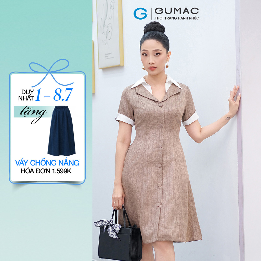 Đầm Nữ GUMAC Form A Phối Cổ Sơ Mi Tay Xẻ V Cách Điệu Thanh Lịch DF04034