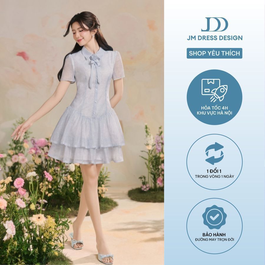 Đầm phối cổ nơ, chân nhún tầng họa tiết 1R09.2503OG, váy đầm cổ sơ mi xòe tầng bồng nữ tính thanh lịch thiết kế bởi JM