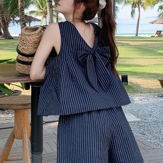 Bộ đồ sọc thời trang kiểu Pháp dành cho nữ, mẫu mới mùa hè, áo không tay hở lưng có nơ + quần short