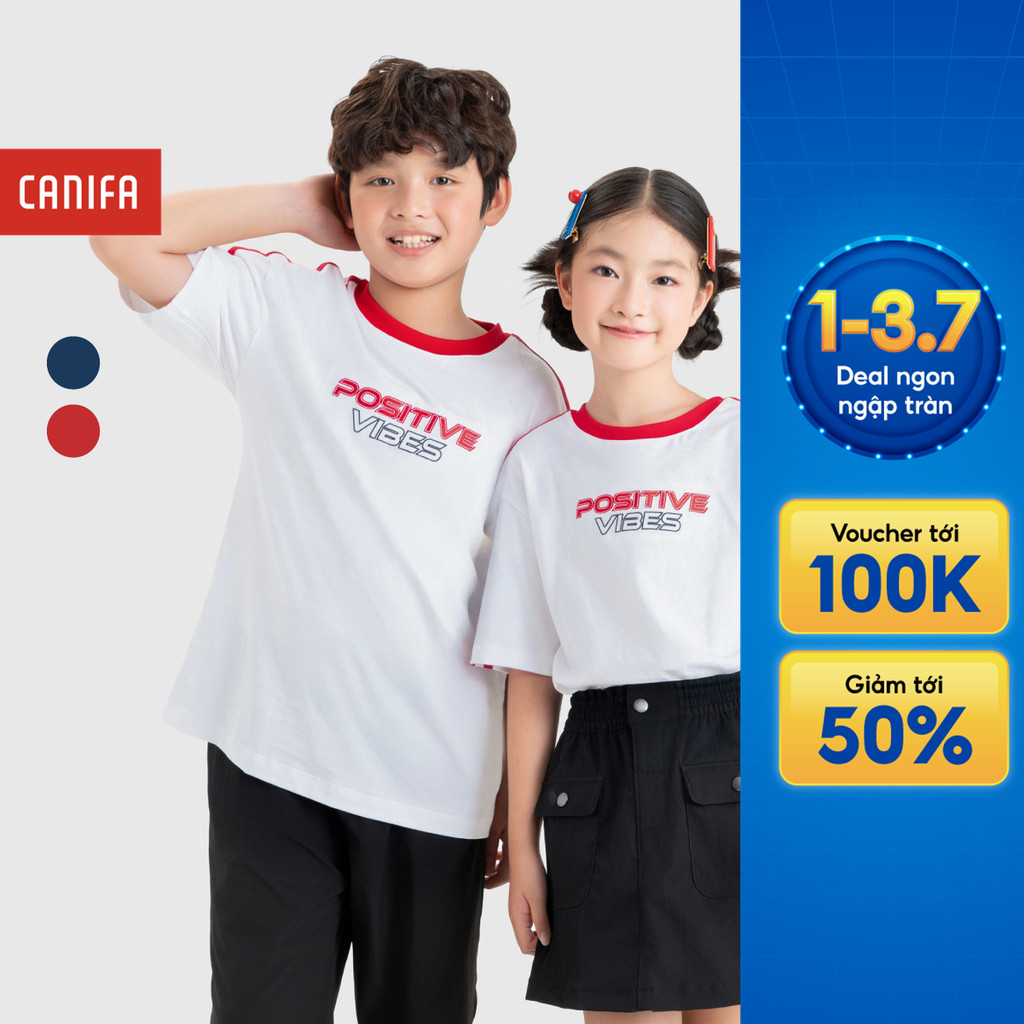 Áo phông unisex trẻ em CANIFA áo thun 100% cotton cộc tay phối màu in họa tiết 3TS26S007