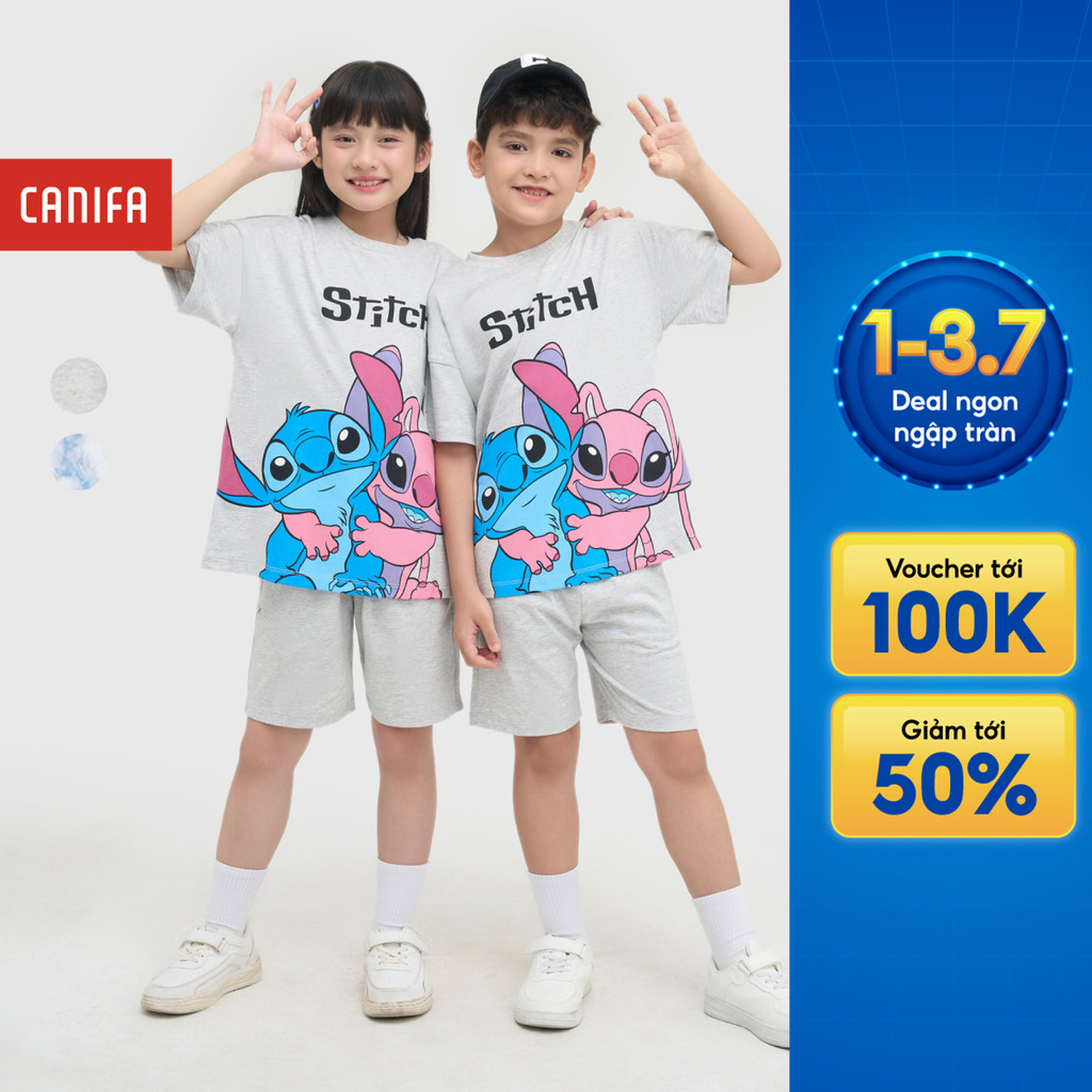Bộ quần áo unisex trẻ emCANIFA cổ tròn cộc tay in hình Stitch 3ST25S002