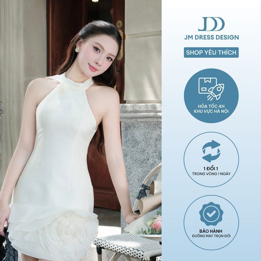 Đầm yếm khăn cổ chân hoa lệch thiết kế gợi cảm thanh lịch 1P07.2505K, đầm cổ yếm cách điệu nữ tính thiết kế bởi JM Dress