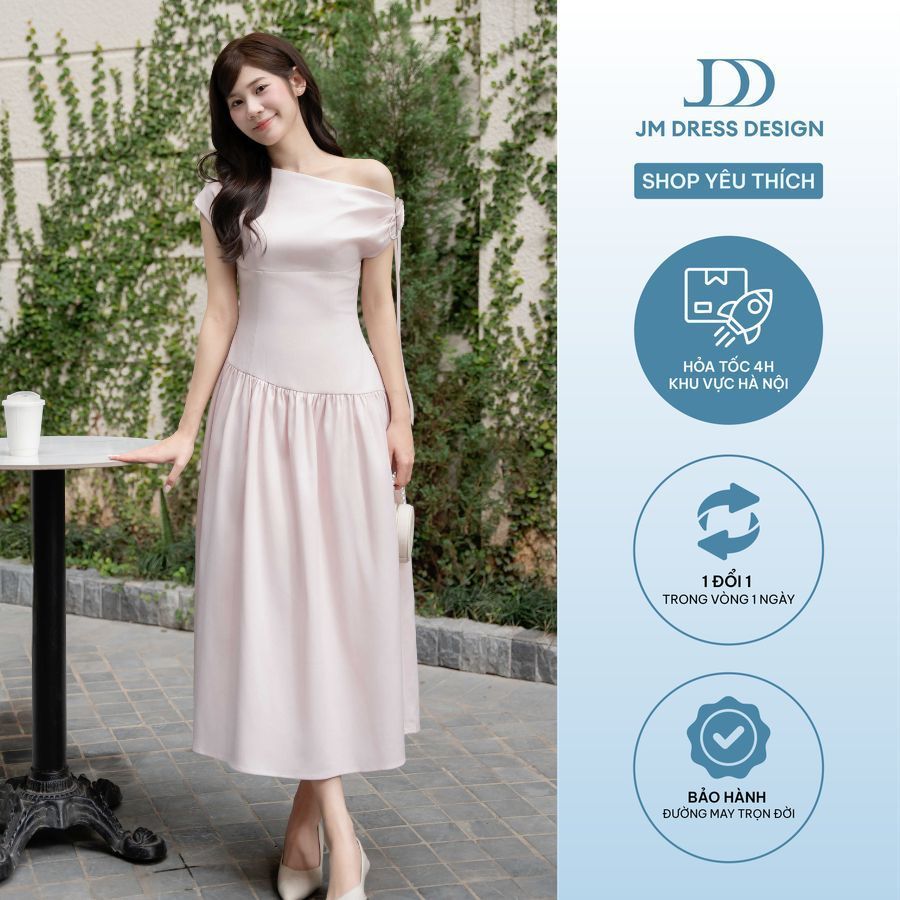 Đầm Xuân Hè Trễ Vai Lệch Xếp Ly Nhún, Chân Nhún Đổ 1S09.2601. Đầm Dáng Dài Nữ Tính Thanh Lịch Dự Tiệc Tiểu Thư Bởi JM